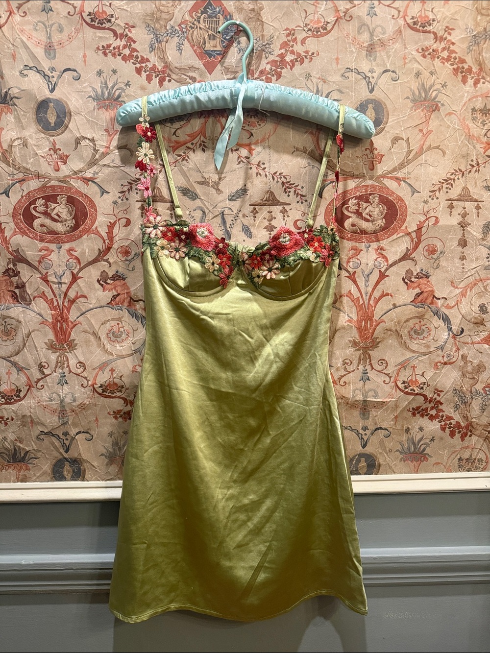 Floral-Embroidered Satin Slip Dress - Green
